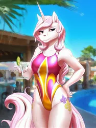 Size: 3072x4096 | Tagged: safe, alternate version, artist:mykegreywolf, derpibooru import, fleur-de-lis, anthro, unicorn, armpits, clothes, female, image, jpeg, looking at you, one-piece swimsuit, solo, swimming pool, swimsuit, wet