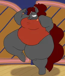 Size: 2736x3174 | Tagged: safe, artist:queenfrau, derpibooru import, oc, oc:queen frau, unofficial characters only, anthro, earth pony, pony, unguligrade anthro, 80s, aerobics, clothes, exercise, fat, female, image, leotard, obese, png, solo, solo female