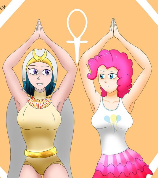 Size: 1280x1439 | Tagged: safe, artist:film77asq, derpibooru import, pinkie pie, somnambula, human, equestria girls, ankh, armpits, egyptian dancing, female, image, jpeg, lesbian, pinkambula, shipping