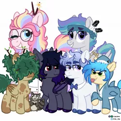Size: 1773x1773 | Tagged: safe, artist:pink-pone, derpibooru import, oc, oc:barnaby, oc:ivory (pink-pone), oc:onyx, oc:rio, oc:sketch book, oc:twigg, unofficial characters only, bat pony, pegasus, pony, raccoon, unicorn, bowtie, clothes, colt, female, filly, foal, glasses, image, jpeg, male, mare, one eye closed, onesie, reference sheet, shirt, simple background, sweater vest, white background, wink