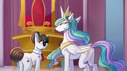 Size: 1280x720 | Tagged: safe, artist:puke-o, derpibooru import, part of a set, princess celestia, raven, alicorn, pony, unicorn, canterlot castle, duo, duo female, female, glasses, horn, image, jewelry, jpeg, mare, regalia, throne, throne room, tiara, wings