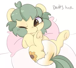 Size: 1231x1106 | Tagged: suggestive, artist:mushy, derpibooru import, oc, oc:pea, pegasus, pony, abdl, bed, blushing, cutie mark, diaper, emberassed, female, filly, foal, foalcon, image, lying down, mare, photo, pillow, pissing, png, shy, solo, underage, urine, wet diaper, wetting