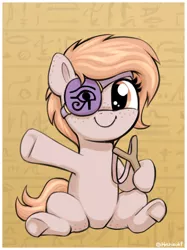 Size: 1180x1574 | Tagged: safe, artist:heretichesh, derpibooru import, oc, oc:sandy sling, unofficial characters only, earth pony, pony, cute, eyepatch, female, filly, foal, hieroglyphics, image, jpeg, looking at you, ocbetes, sitting, slingshot, smiling, smiling at you, solo, underhoof, waving at you