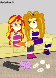 Size: 1280x1761 | Tagged: safe, artist:robukun, derpibooru import, adagio dazzle, sunset shimmer, equestria girls, bondage, bound and gagged, cloth gag, clothes, couch, gag, help, help me, image, jpeg, looking at each other, looking at someone, oh no, rope, rope bondage, ropes, sad, scared, shipping, shipping fuel, smiling, smirk, snark, tied up, worried