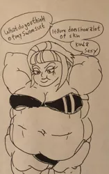 Size: 1983x3154 | Tagged: artist needed, suggestive, derpibooru import, sunny flare, equestria girls, bbw, breasts, busty sunny flare, clothes, dialogue, fat, gris swimsuit, image, jpeg, monochrome, one-piece swimsuit, see-through, solo, sunny fat, swimsuit