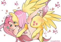 Size: 800x564 | Tagged: suggestive, artist:potetecyu_to, derpibooru import, fluttershy, human, pegasus, pony, blushing, breasts, female, hairpin, heart, humanized, image, kissing, lesbian, mare, nudity, open mouth, png, self paradox, self ponidox, selfcest, shipping, strategically covered