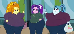 Size: 2560x1200 | Tagged: safe, artist:neongothic, derpibooru import, adagio dazzle, aria blaze, sonata dusk, equestria girls, adagio wobble, aria blob, bbw, belly, big belly, chubby cheeks, double chin, fat, fat fetish, fetish, image, morbidly obese, obese, png, sonatubby, ssbbw, the dazzlings, thighs, thunder thighs, weight gain, wide hips