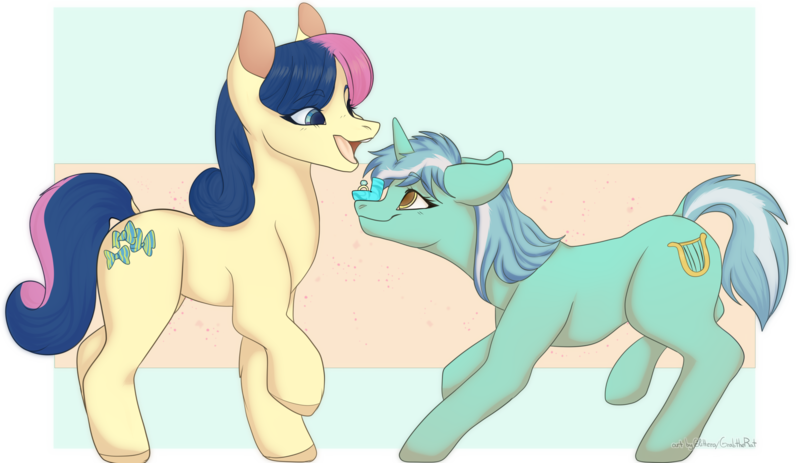 Size: 2495x1444 | Tagged: safe, artist:glittera, derpibooru import, bon bon, lyra heartstrings, sweetie drops, earth pony, pony, unicorn, duo, duo female, engagement ring, female, floppy ears, happy, image, jewelry, lesbian, lyrabon, mare, marriage proposal, open mouth, open smile, png, raised hoof, ring, semi-transparent background, shipping, smiling, tail, unshorn fetlocks