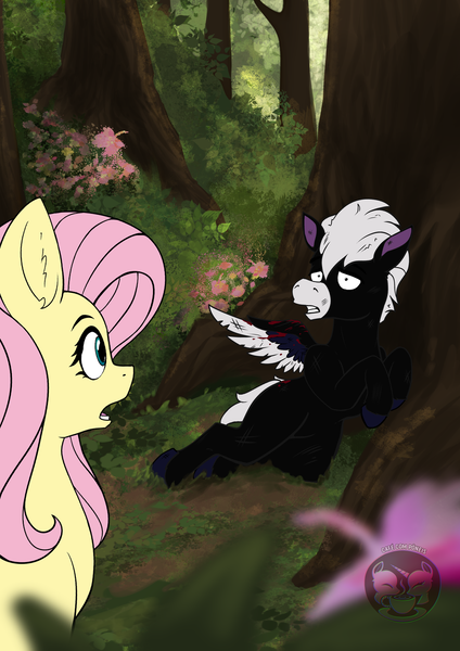 Size: 935x1323 | Tagged: safe, artist:calena, derpibooru import, fluttershy, oc, oc:peter pegasus, pegasus, pony, blood, blurry background, crossover, fanfic art, fantasia, forest, image, injured, looking at each other, looking at someone, offscreen character, png, tree, wings