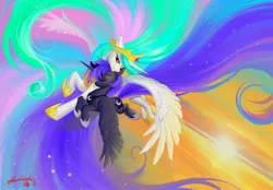 Size: 2048x1425 | Tagged: safe, artist:paipaishuaige, derpibooru import, princess celestia, princess luna, alicorn, pony, abstract background, beautiful, crown, cute, cutelestia, duo, duo female, ethereal mane, ethereal tail, eyes closed, female, flying, galaxy mane, happy, hoof shoes, horn, image, jewelry, jpeg, looking at someone, lunabetes, mare, necklace, open mouth, open smile, regalia, royal sisters, siblings, sisters, smiling, spread wings, starry mane, tail, wallpaper, wings