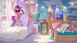 Size: 1920x1080 | Tagged: safe, derpibooru import, pipp petals, zipp storm, pegasus, pony, spoiler:g5, spoiler:my little pony: tell your tale, bed, bedroom, brush, duo, female, g5, hairbrush, image, pillow, png, siblings, sisters, unamused, zipp storm is not amused