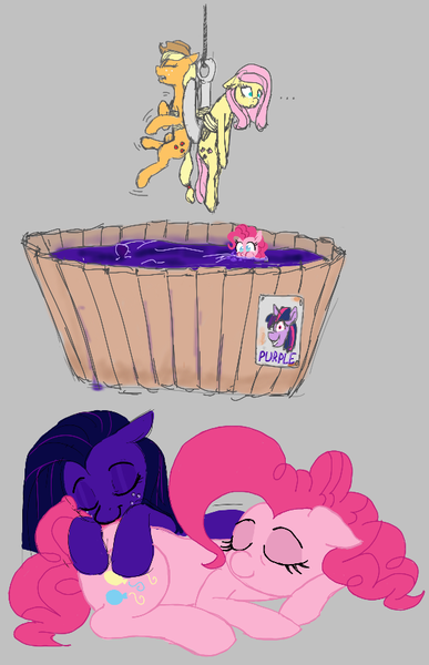 Size: 557x864 | Tagged: safe, artist:anonymous, applejack, fluttershy, pinkie pie, twilight sparkle, oc, oc:midnight showing, earth pony, pegasus, unicorn, aggie.io, blowing bubbles, gray background, image, png, purple, simple background, sleeping, struggling, tied up, vat