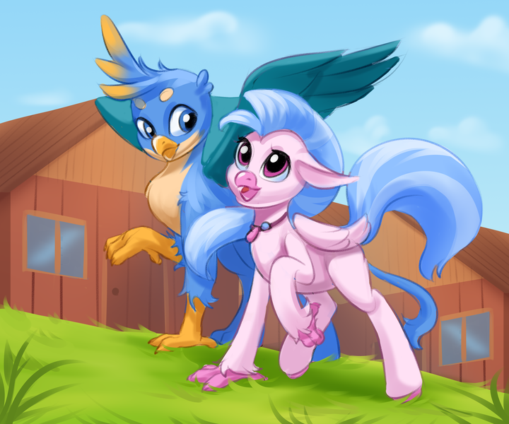 Size: 3000x2500 | Tagged: safe, artist:kittytitikitty, derpibooru import, gallus, silverstream, gryphon, hippogriff, cute, female, grass, image, jewelry, looking at each other, looking at someone, male, necklace, png, spread wings, talons, walking, wings