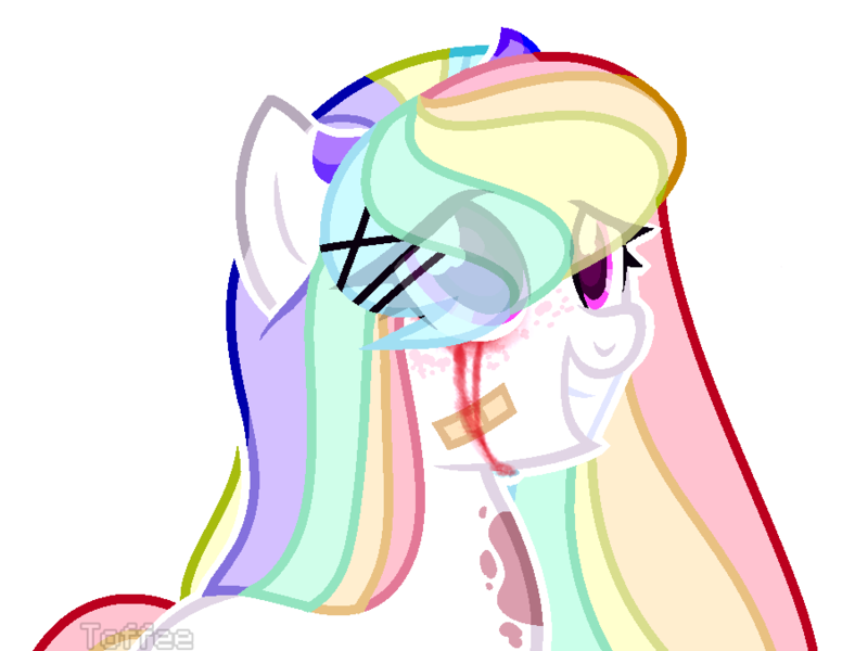 Size: 889x677 | Tagged: semi-grimdark, artist:toffeelavender, derpibooru import, oc, unofficial characters only, earth pony, pony, bandage, bandaid, base used, blood, bust, earth pony oc, eyelashes, female, grin, hairclip, image, mare, multicolored hair, png, rainbow hair, simple background, smiling, solo, transparent background