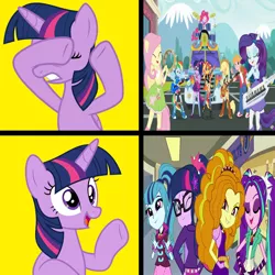 Size: 1300x1300 | Tagged: safe, artist:bigpurplemuppet99, artist:mlpfan3991, derpibooru import, adagio dazzle, applejack, aria blaze, big macintosh, fluttershy, pinkie pie, rainbow dash, rarity, sci-twi, sonata dusk, sunset shimmer, twilight sparkle, twilight sparkle (alicorn), alicorn, pony, eqg summertime shorts, equestria girls, father knows beast, get the show on the road, school daze, approval, disapproval, hotline bling, humane five, humane seven, humane six, image, jpeg, meme, ponied up, sonic rainboom, the dazzlings, the rainbooms