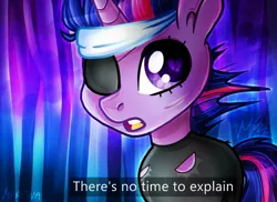 Size: 1000x726 | Tagged: safe, artist:meqiopeach, derpibooru import, twilight sparkle, pony, unicorn, it's about time, eyepatch, female, future twilight, image, jpeg, no time to explain, open mouth, solo