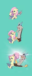 Size: 856x2048 | Tagged: safe, artist:ahchun, derpibooru import, discord, fluttershy, draconequus, pegasus, the last problem, comic, cute, exclamation point, female, green background, hairdresser, image, jpeg, long hair, male, mouth hold, pencil, reading, simple background, story, teleportation