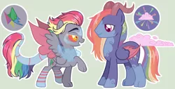 Size: 1024x520 | Tagged: safe, artist:dinkydoolove, derpibooru import, oc, unofficial characters only, pony, base used, duo, horns, image, interspecies offspring, jpeg, male, offspring, parent:discord, parent:rainbow dash, parents:discodash, raised hoof, simple background, stallion