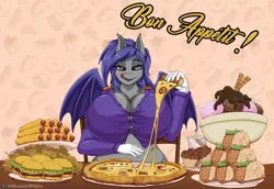 Size: 1080x744 | Tagged: suggestive, artist:shamziwhite, derpibooru import, oc, oc:midnight blossom, anthro, bat pony, big breasts, breasts, burger, chubby, cleavage, eating, female, food, hamburger, hot dog, huge breasts, image, meat, pizza, png, sausage, taco, this will end in weight gain, tight clothing, tongue out, wings
