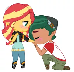 Size: 850x830 | Tagged: safe, artist:imtailsthefoxfan, derpibooru import, sunset shimmer, timber spruce, equestria girls, blushing, chibi, clothes, duo, female, image, kissing, male, png, shipping, simple background, straight, timbershimmer, white background