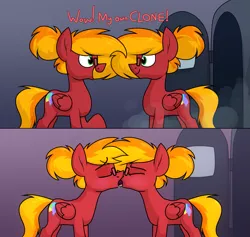 Size: 1741x1651 | Tagged: suggestive, artist:moonatik, derpibooru import, oc, oc:moonatik, unofficial characters only, pegasus, pony, 2 panel comic, clone, comic, door, french kiss, gay, glasses, gradient background, hair bun, image, kissing, looking at each other, looking at someone, male, pegasus oc, png, raised hoof, self paradox, self ponidox, selfcest, shipping, stallion, wings