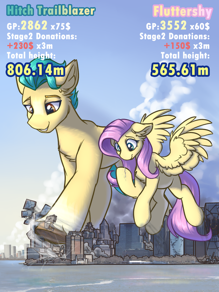 Size: 1200x1600 | Tagged: safe, artist:ravistdash, derpibooru import, fluttershy, hitch trailblazer, earth pony, pegasus, pony, building, city, destruction, female, g5, growth drive, image, macro, male, png, river, smiling, smirk, text, water