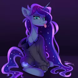 Size: 2000x2000 | Tagged: safe, artist:mochalula, derpibooru import, princess luna, pony, unicorn, :p, clothes, ear fluff, female, high res, horn, image, looking at you, mare, png, signature, simple background, sitting, solo, sweater, tail, tongue out