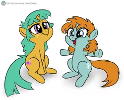 Size: 1024x822 | Tagged: safe, artist:doublewbrothers, derpibooru import, snails, snips, pony, unicorn, :t, duo, duo female, eye clipping through hair, eyebrows, eyebrows visible through hair, female, freckles, hooves, horn, image, jpeg, lidded eyes, open mouth, open smile, rule 63, shadow, signature, simple background, sitting, smiling, spice, sugar, tail, white background