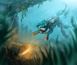 Size: 4565x3861 | Tagged: safe, artist:helmie-art, derpibooru import, oc, oc:guttatus, unofficial characters only, bat pony, fish, pony, air tank, bubble, chest, dive mask, flippers, glow, goggles, image, png, rebreather, scuba diving, scuba gear, solo, underwater, wetsuit