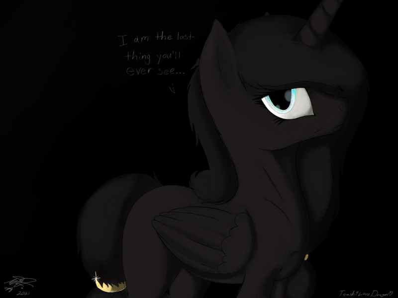 Size: 2732x2048 | Tagged: safe, artist:tenshilovedragon, derpibooru import, oc, oc:vanta, alicorn, alicorn oc, black background, black coat, black mane, black tail, blue eyes, dialogue, gold rings, horn, image, looking at you, png, side view, simple background, tail, wings