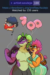 Size: 2000x3000 | Tagged: suggestive, artist:azulejo, derpibooru import, smolder, spike, oc, oc:azulejo, anthro, bull, dragon, derpibooru, achievement, balloon, bovine, breasts, busty smolder, derpo, dragoness, female, horn, image, lizard breasts, meta, milestone, open mouth, png, scales, smiling, thicc thighs, wide hips, wings