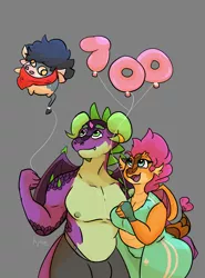 Size: 2000x2700 | Tagged: suggestive, alternate version, artist:azulejo, derpibooru import, smolder, spike, oc, oc:azulejo, anthro, bull, dragon, achievement, balloon, bovine, breasts, busty smolder, derpo, dragoness, female, horn, image, lizard breasts, meta, milestone, open mouth, png, scales, smiling, thicc thighs, wide hips, wings