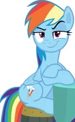 Size: 2000x3240 | Tagged: safe, artist:frownfactory, derpibooru import, rainbow dash, pegasus, pony, a trivial pursuit, crossed arms, female, grin, image, mare, png, raised eyebrow, simple background, sitting, smiling, smug, solo, transparent background, vector