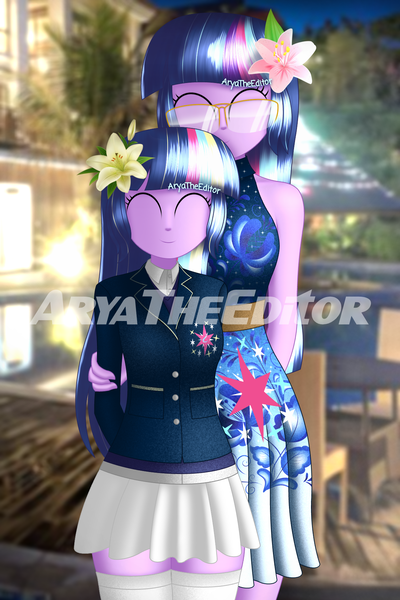 Size: 1200x1800 | Tagged: safe, artist:aryatheeditor, derpibooru import, sci-twi, twilight sparkle, oc, oc:nightfall sparkle, equestria girls, bare shoulders, beautiful, clothes, cute, cutie mark, cutie mark on clothes, daughter, digital art, dress, element of magic, eyes closed, female, flower, flower in hair, geode of telekinesis, glasses, headcanon, hotel, image, magical geodes, mother and child, mother and daughter, outfit, png, powerful sparkle, purple hair, real life background, skirt, sleeveless, sleeveless dress, sleeveless turtleneck, smiling, socks, swimming pool, twiabetes