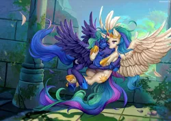 Size: 1500x1061 | Tagged: safe, artist:margony, derpibooru import, edit, princess celestia, princess luna, alicorn, pony, feather, hug, image, jewelry, png