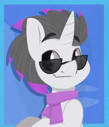 Size: 1200x1400 | Tagged: safe, artist:modularpon, derpibooru import, oc, oc:haze rad, unofficial characters only, pony, unicorn, accessories, animated, clothes, commissioner:biohazard, cute, ear twitch, eyebrows, floating eyebrows, gif, glasses, grin, highlights, horn, image, looking at you, loop, male, ocbetes, one eye closed, perfect loop, purple eyes, scarf, simple background, smiling, solo, stallion, sunglasses, unicorn oc, wink, winking at you