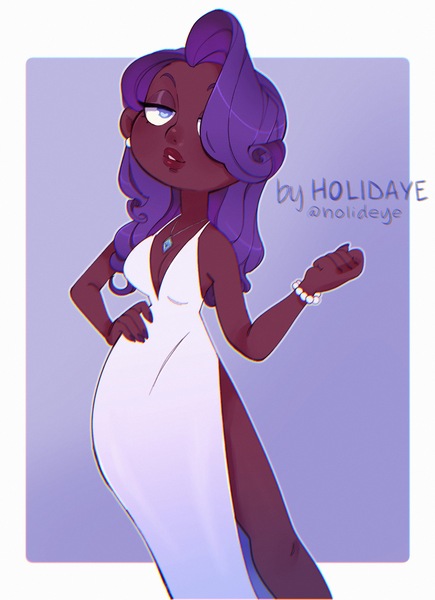 Size: 2168x2989 | Tagged: safe, artist:holidaye, derpibooru import, rarity, human, absolute cleavage, bracelet, breasts, cleavage, clothes, dark skin, dress, ear piercing, earring, female, hair over one eye, humanized, image, jewelry, jpeg, necklace, piercing, side slit, solo, total sideslit, white dress