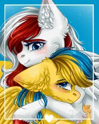 Size: 1600x2000 | Tagged: safe, artist:querisyart, derpibooru import, oc, oc:poland, oc:ukraine, ponified, unofficial characters only, pegasus, pony, crying, current events, duo, ear fluff, female, hug, image, jpeg, looking at each other, looking at someone, mare, nation ponies, poland, ukraine, wings