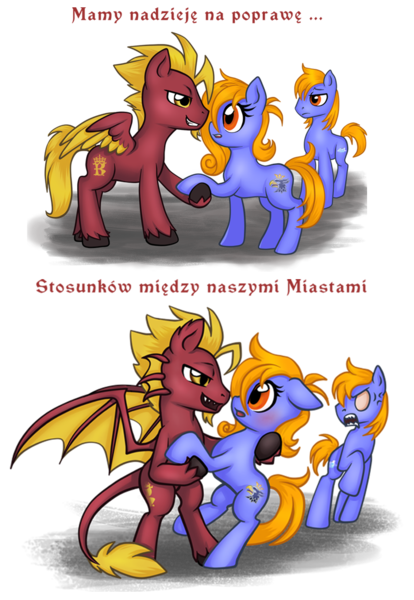 Size: 794x1150 | Tagged: safe, artist:pingwinowa, derpibooru import, oc, oc:prince baltic, oc:princess pomerania, unofficial characters only, earth pony, pegasus, pony, angry, bat wings, colored wings, image, leonine tail, png, poland, polish, tail, translation request, two toned wings, wings