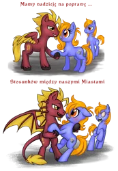 Size: 794x1150 | Tagged: safe, artist:pingwinowa, derpibooru import, oc, oc:prince baltic, oc:princess pomerania, unofficial characters only, earth pony, pegasus, pony, angry, bat wings, colored wings, image, leonine tail, png, poland, polish, tail, translation request, two toned wings, wings