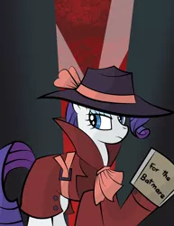 Size: 2550x3300 | Tagged: safe, artist:vareb, derpibooru import, rarity, pony, unicorn, rarity investigates, batman, batman the animated series, batmare, city, clothes, coat, crossover, dark, female, hat, image, mare, png, solo, spotlight, the batman