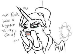 Size: 440x314 | Tagged: suggestive, artist:jargon scott, derpibooru import, oc, oc:dyx, alicorn, pony, bathrobe, burned, clothes, crying, dialogue, fangs, female, floppy ears, glory hole, grayscale, image, mare, monochrome, one eye closed, partial color, png, robe, solo, solo female, vulgar