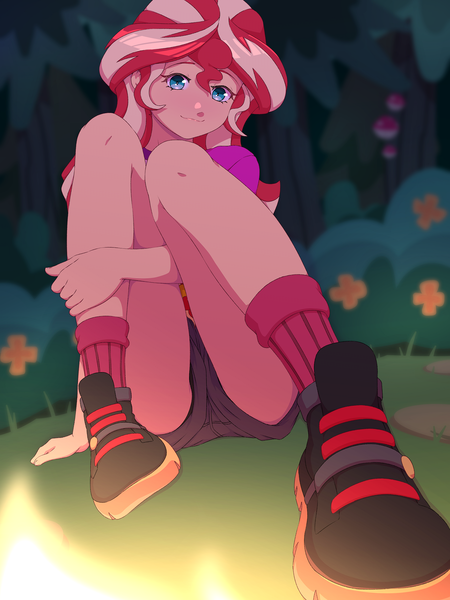 Size: 1200x1600 | Tagged: suggestive, artist:rockset, ponybooru import, sunset shimmer, human, equestria girls, legend of everfree, 2020s, 2022, ascended/redeemed villainess, bush, clothes, cyan eyes, denim shorts, female, forest, grass, grey bottomwear, happy, heroine, human female, humanized, image, legs together, looking at you, metahuman, multicolored footwear, near-pure good heroine, night, outdoors, png, red socks, shoes, shorts, sitting, sitting on ground, smiling, smiling at you, socks, solo, solo female, teenager, tomboy, tree, two toned hair, yellow skin