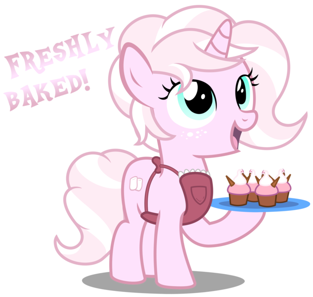 Size: 3260x3090 | Tagged: safe, artist:strategypony, derpibooru import, oc, oc:marshmallow fluff, unofficial characters only, pony, unicorn, apron, clothes, cupcake, cute, dialogue, female, filly, foal, food, horn, image, looking up, ocbetes, png, serving tray, simple background, text, transparent background, unicorn cupcake, unicorn oc