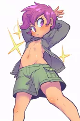Size: 599x901 | Tagged: suggestive, artist:jirousan, banned from derpibooru, ponybooru import, scootaloo, human, equestria girls, belly button, blushing, child, clothes, female, human female, humanized, image, jacket, jpeg, lolicon, open clothes, open jacket, shorts, simple background, solo, solo female, sparkles, underage, white background