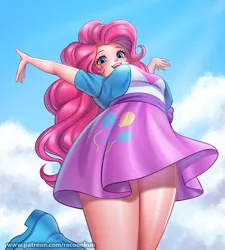 Size: 1000x1113 | Tagged: safe, artist:racoonsan, derpibooru import, pinkie pie, human, equestria girls, boots, breasts, busty pinkie pie, clothes, cloud, cute, diapinkes, female, human coloration, humanized, image, jpeg, looking down, open mouth, shirt, shoes, skirt, sky, solo, upskirt