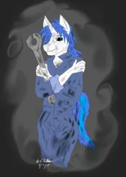 Size: 1110x1562 | Tagged: safe, artist:adhiguna, artist:johnathon-matthews, derpibooru import, oc, oc:shifting gear, anthro, unicorn, clothes, deviantart watermark, grease, image, jpeg, mechanic, mechanic overalls, obtrusive watermark, old art, overalls, signature, watermark, wrench