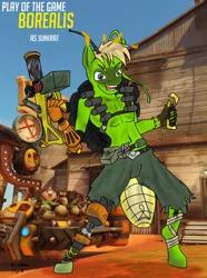 Size: 1866x2508 | Tagged: safe, artist:adhiguna, artist:johnathon-matthews, derpibooru import, oc, oc:borealis, breezie, amputee, background, blizzard entertainment, deviantart watermark, grenade launcher, image, junkrat, obtrusive watermark, old art, overwatch, play of the game, png, prosthetic arm, prosthetic leg, prosthetic limb, prosthetics, watermark