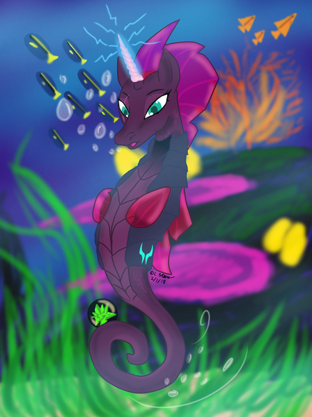 Size: 2121x2828 | Tagged: safe, artist:adhiguna, artist:johnathon-matthews, derpibooru import, tempest shadow, fish, hippocampus, merpony, sea pony, unicorn, bubble, coral, deviantartwatermark, fins, image, kelp, old art, png, sea horse, seaweed, shell horn, underwater