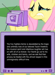Size: 1126x1542 | Tagged: safe, derpibooru import, fluttershy, pegasus, pony, crying, english, exploitable meme, female, foo fighters, image, mare, meme, obligatory pony, png, simple background, solo, taylor hawkins, teary eyes, television, text, tv meme